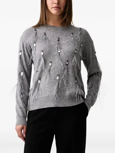 Kaos Sequin-embellished Feather-trim Sweater In Grey