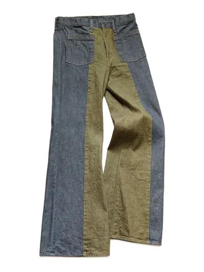 Pre-owned Kapital 14oz Color Denim 2tone Gypsy Flare Pants In Blue Khaki