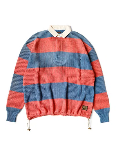 Pre-owned Kapital 5g Cotton Knit Rugby Sweater In Sax/red