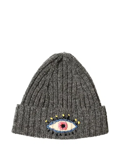 Kapital 5g Embroidered-detail Wool Knit Beanie In Gray
