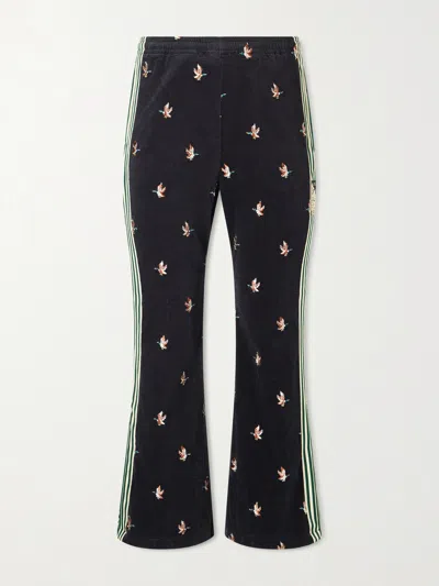 Kapital Cropped Flared Webbing-trimmed Embroidered Cotton-blend Corduroy Sweatpants In Black