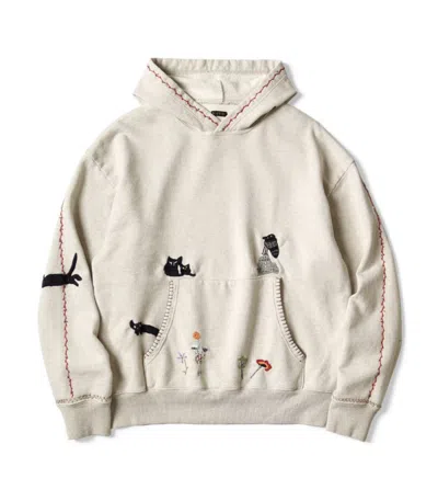 Pre-owned Kapital Crow And Cat Embroidery Hoodie Size 3 In White