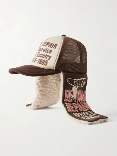 Kapital Denim Repair Service Fleece-trimmed Printed Canvas And Mesh Trucker Cap In Brown