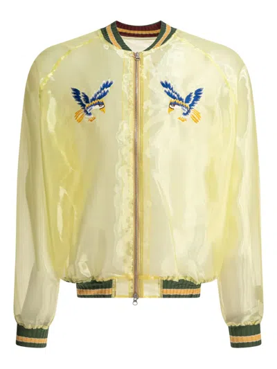 Kapital Embroidered-bird-map Jacket In Yellow