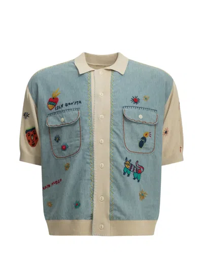 Kapital Embroidered Denim-panel Polo Shirt In Multi
