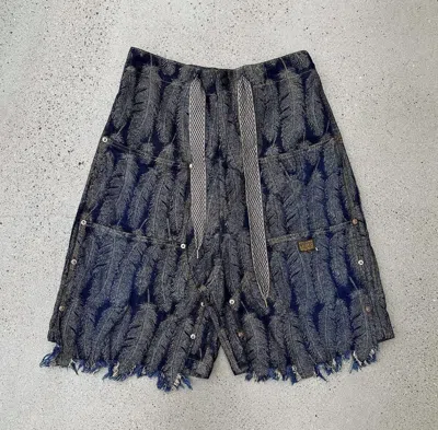 Pre-owned Kapital Feather Denim Double Knee Shorts Size 3 In Indigo