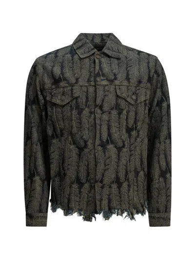 Kapital Feather-print Frayed-hem Denim Jacket In Black