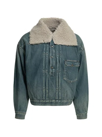 Kapital Fleece-collar Pleated Denim Jacket In Blue
