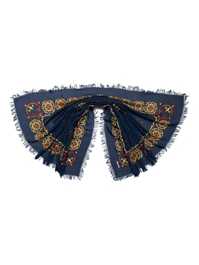 Kapital Frayed Patterned Scarf In Blue