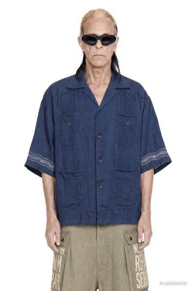 Kapital Camp-collar Printed Linen Cuban Shirt In Blue