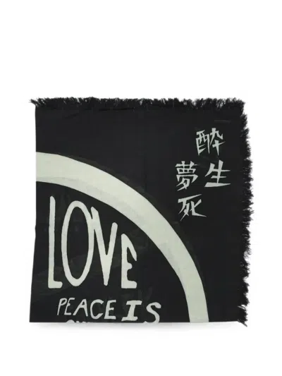 Kapital Giant Peace Frayed Scarf In Black