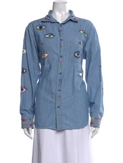 Pre-owned Kapital Graphic Print Long Sleeve Button-up Top In Blue