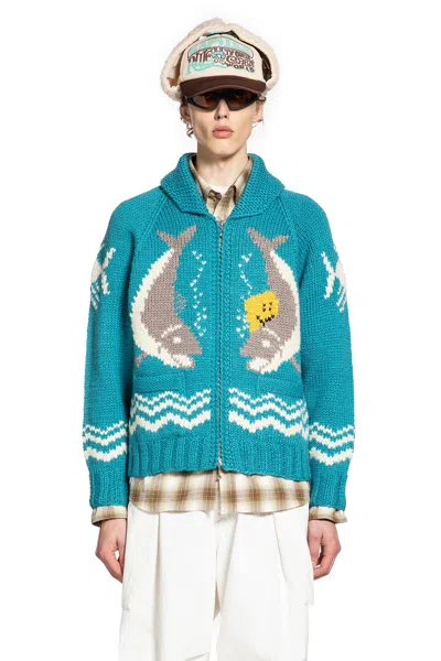 Kapital Hand Knit Peckish Trout Zip Cardigan In Blue