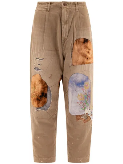 Kapital Katsuragi Patchwork Distressed Tapered Trousers In Brown