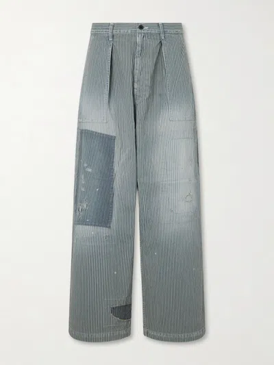 Kapital Liberty Hicoree Fatigue Wide-leg Striped Distressed Patchwork Cotton-twill Trousers In Blue