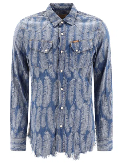 Kapital Magpie Distressed Denim-jacquard Western Shirt In Blue