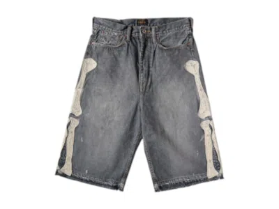 Pre-owned Kapital Men's  14 oz Denim 5p Bone Embroidery Shorts In Black
