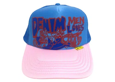 Pre-owned Kapital Men Love Cats Denim Trucker Hat In Baby Blue/pink