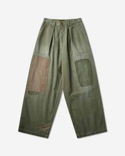 Kapital Men S Herringbone Fatigue Baggy Pants (rushfiled Remake) Khaki In Green