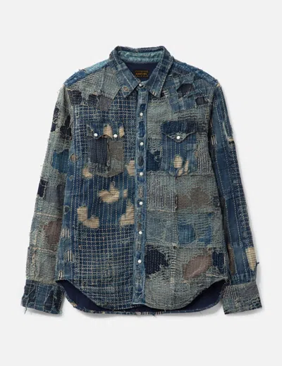 Kapital Boro Distressed Patchwork Denim Jacket In Blue
