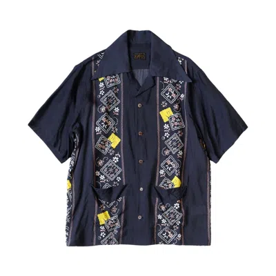 Pre-owned Kapital Silk Rayon Peckish Rainbowy Wrangle Collar Cuba Shirt 'navy' | Blue | Men's Size 5