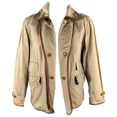 Pre-owned Kapital Size Xl Khaki Cotton Hemp Leather Trim Notch Lapel Jacket In Beige