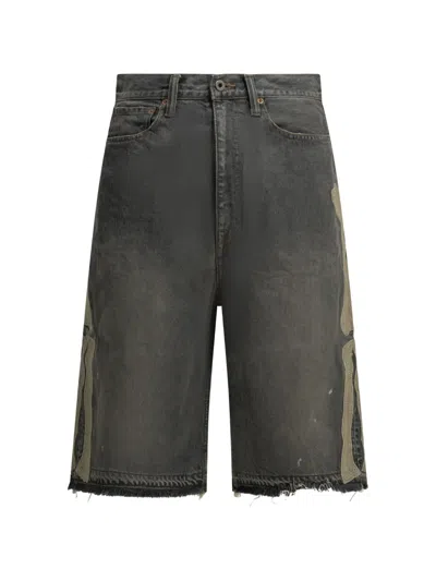 Kapital Skeleton-patch Frayed Shorts In Black
