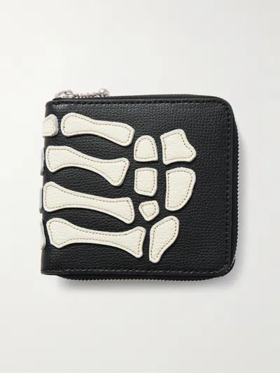 Kapital Thumbs-up Mini Appliquéd Leather Zip-around Wallet In Black