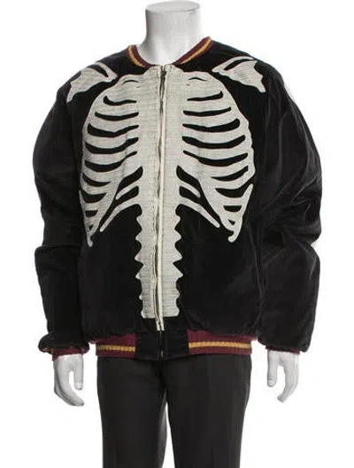 Pre-owned Kapital Velveteen Bone Souvenir Graphic Print Bomber Jacket In Black
