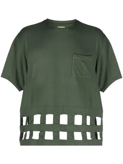 Kapital Windowpane Eyelet-detail Cotton T-shirt In Green