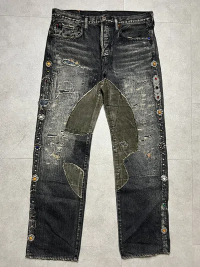 Pre-owned Kapital X Kapital Kountry Kapital Distressed Gemstone Studded Boro Denim Jeans In Black
