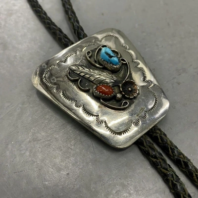 Pre-owned Kapital X Navajo Vtg 70's 80's Navajo Turquoise Feather Bolo Tie Kapital Style In Silver