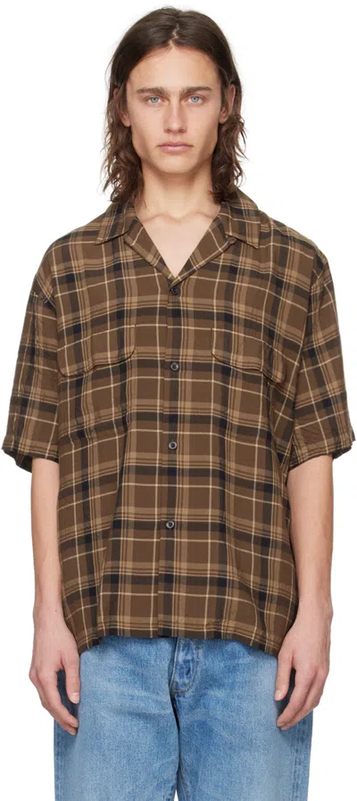 Kaptain Sunshine Brown Open Collar Shirt In Brown Plaid