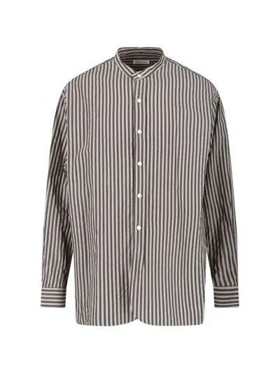 Kaptain Sunshine Bumpy Striped Band-collar Shirt In Black