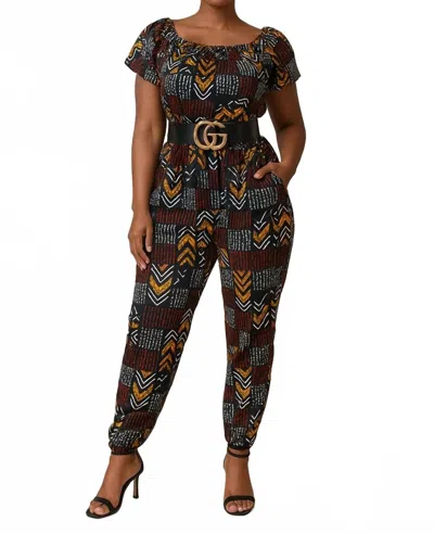 Kara Chic African Print Off-shoulder Jumpsuit In Gray/brown In Multi