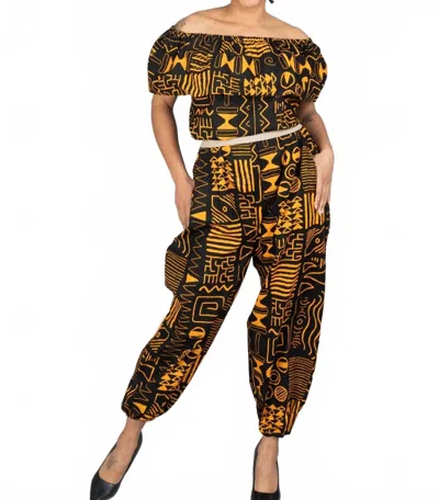 Kara Chic African Print Off-shoulder Jumpsuit In Black/yellow In Brown