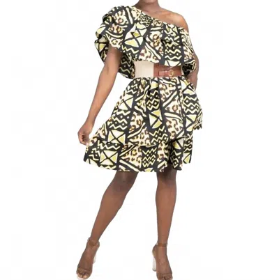 Kara Chic African Print One-shoulder Dress In Yellow Multi In Brown