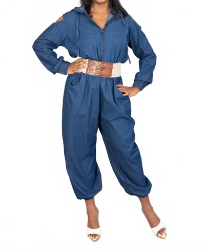 Kara Chic Hooded Denim Jumpsuit In Mid Blue