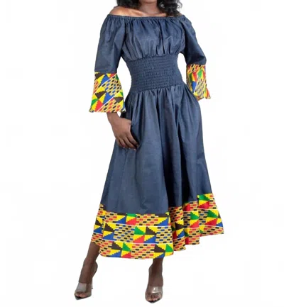 Kara Chic Off-shoulder Smocked Waist Dress In Denim Yellow In Blue