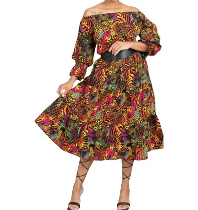 Kara Chic Off-shoulder Midi Dress In Brown Multi