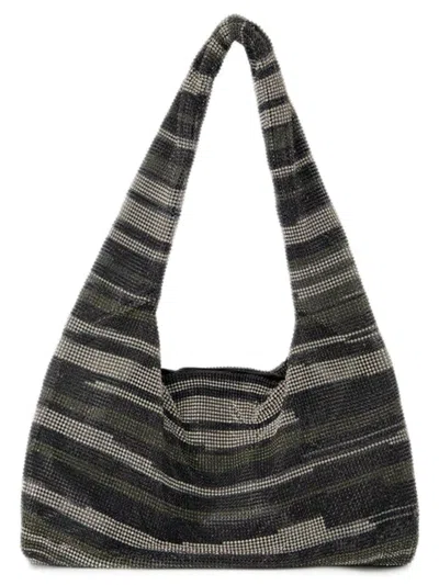 Kara Crystal Mesh Armpit Hobo Bag - Black Stripes - Strass