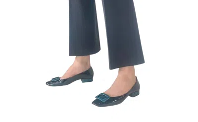 Kara Mac Shoes Women Convertible Ballet Flat - Teal Python Diana Heel In Black Patent Leather