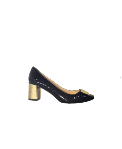 Kara Mac Shoes Women Perfect Pump - Gold Vivian Heel In Black Patent Leather In Blue