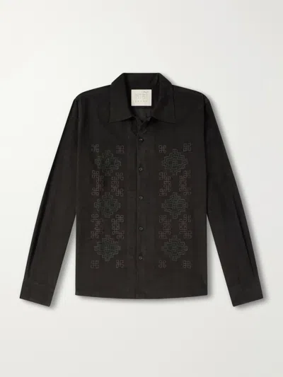 Kardo Chintan Embroidered Cotton-corduroy Shirt In Brown