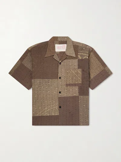 Kardo Rohit Bandhani Convertible-collar Patchwork Embroidered Cotton Shirt In Brown