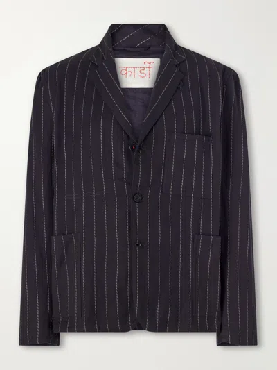 Kardo Somesh Embroidered Striped Herringbone Cotton Suit Jacket In Black