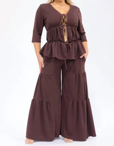Karen Didion Hollow Lace Up Top And Spliced Wide Leg Pants In Brown