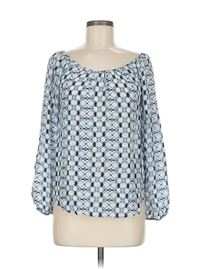 Pre-owned Karen Kane 3/4 Sleeve Silk Top Blue Stripes Pattern Scoop Neck Tops