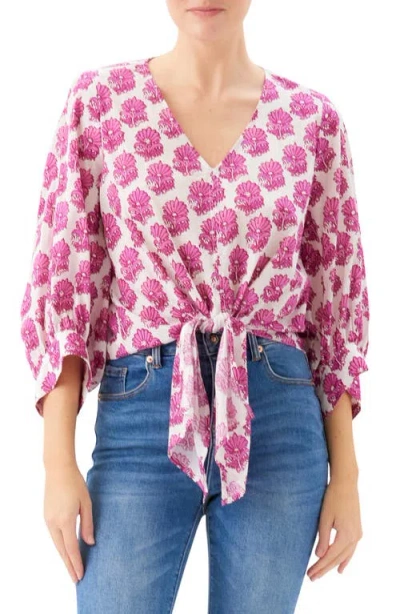 Karen Kane Blouson Sleeve Tie-front Top In Print In Multi