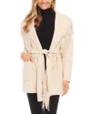 Karen Kane Fringe Trim Belted Sweater Coat In Beige